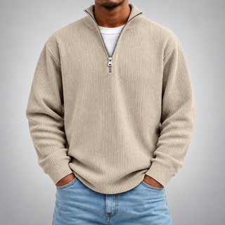 Pull demi-zip côtelé | Coupe décontractée, col montant
