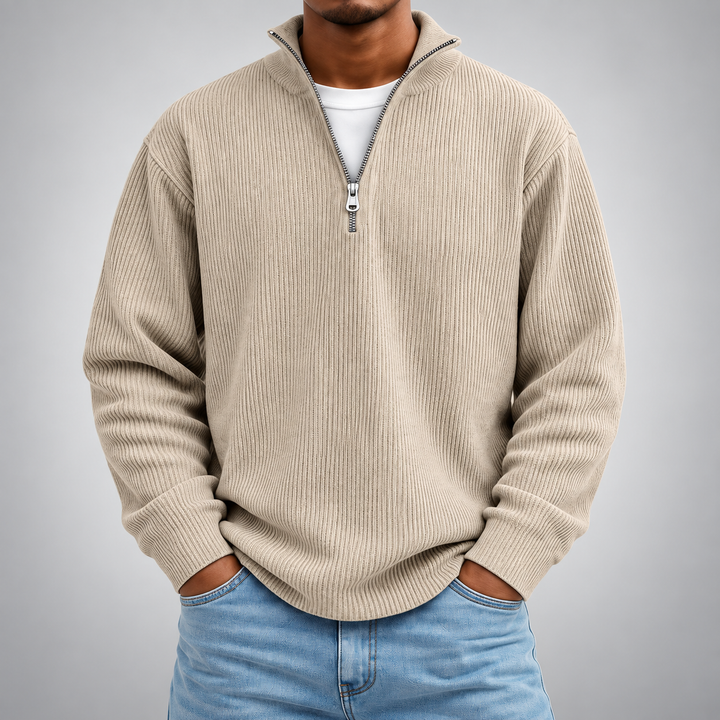 Pull demi-zip côtelé | Coupe décontractée, col montant
