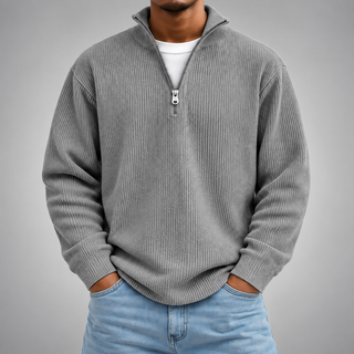 Pull demi-zip côtelé | Coupe décontractée, col montant
