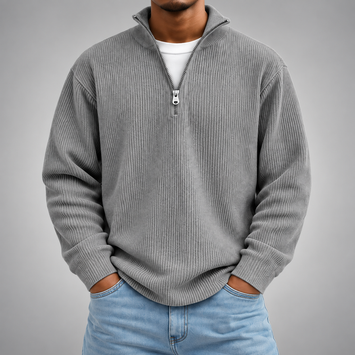 Pull demi-zip côtelé | Coupe décontractée, col montant