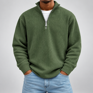 Pull demi-zip côtelé | Coupe décontractée, col montant