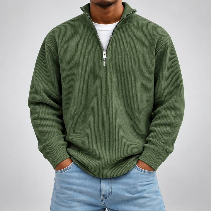Pull demi-zip côtelé | Coupe décontractée, col montant