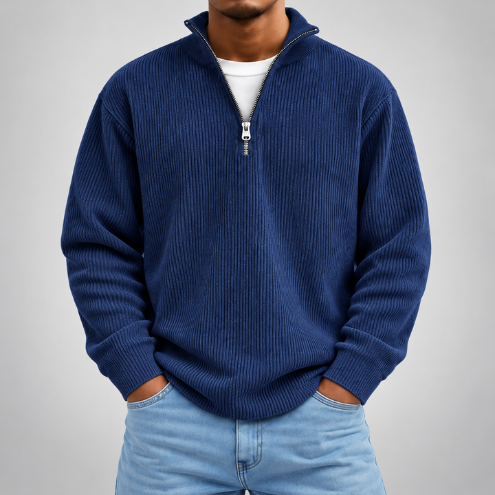 Pull demi-zip côtelé | Coupe décontractée, col montant