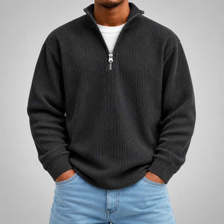 Pull demi-zip côtelé | Coupe décontractée, col montant