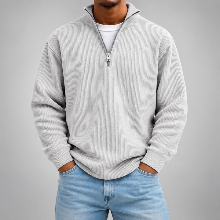 Pull demi-zip côtelé | Coupe décontractée, col montant