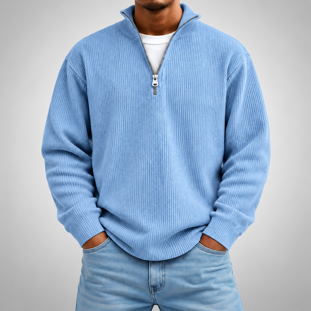 Pull demi-zip côtelé | Coupe décontractée, col montant