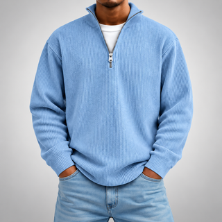 Pull demi-zip côtelé | Coupe décontractée, col montant