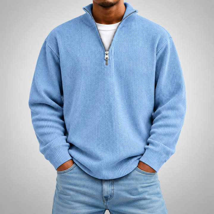 Pull demi-zip côtelé | Coupe décontractée, col montant