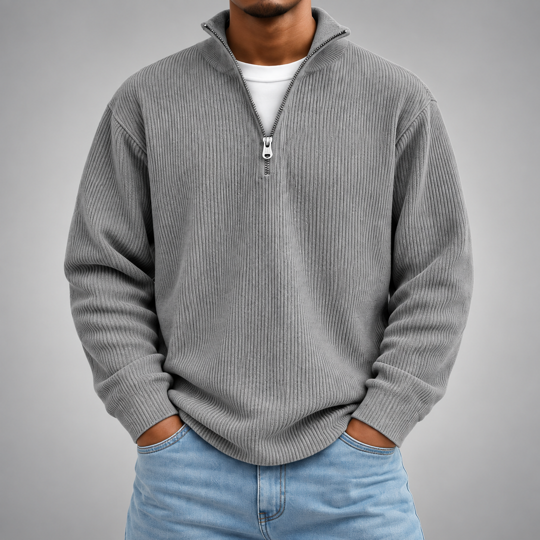 Pull demi-zip côtelé | Coupe décontractée, col montant