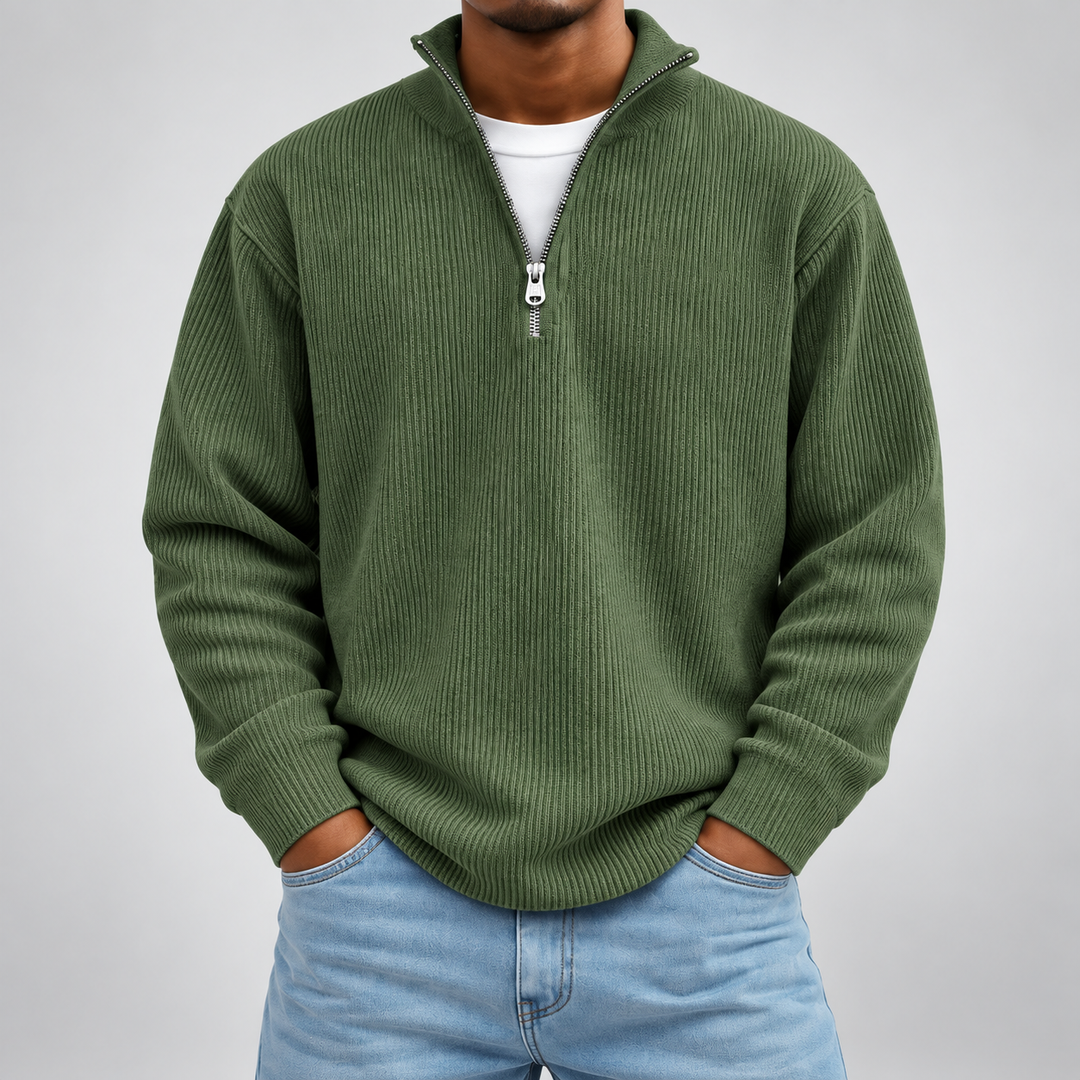 Pull demi-zip côtelé | Coupe décontractée, col montant