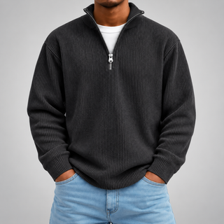 Pull demi-zip côtelé | Coupe décontractée, col montant