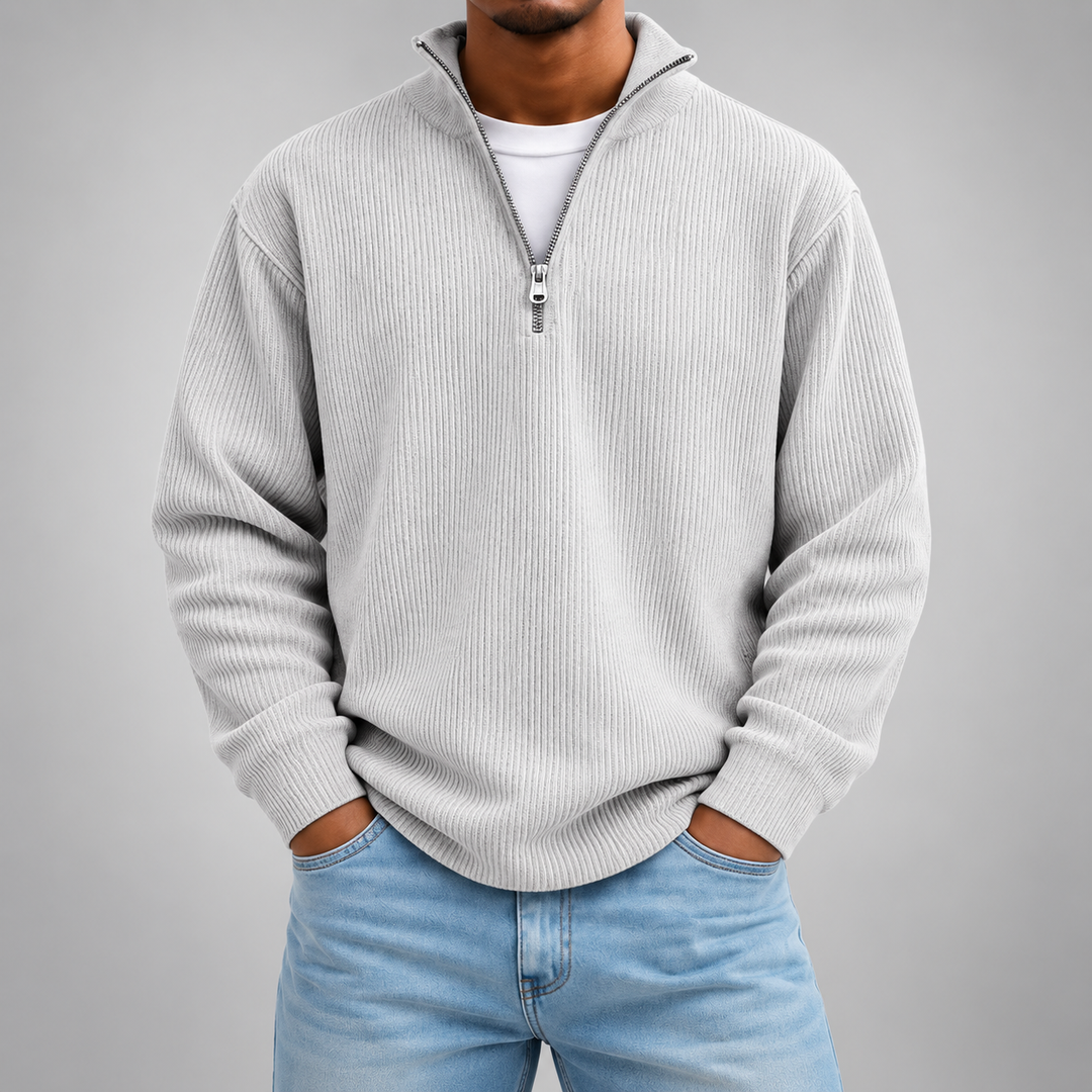 Pull demi-zip côtelé | Coupe décontractée, col montant