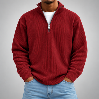 Pull demi-zip côtelé | Coupe décontractée, col montant