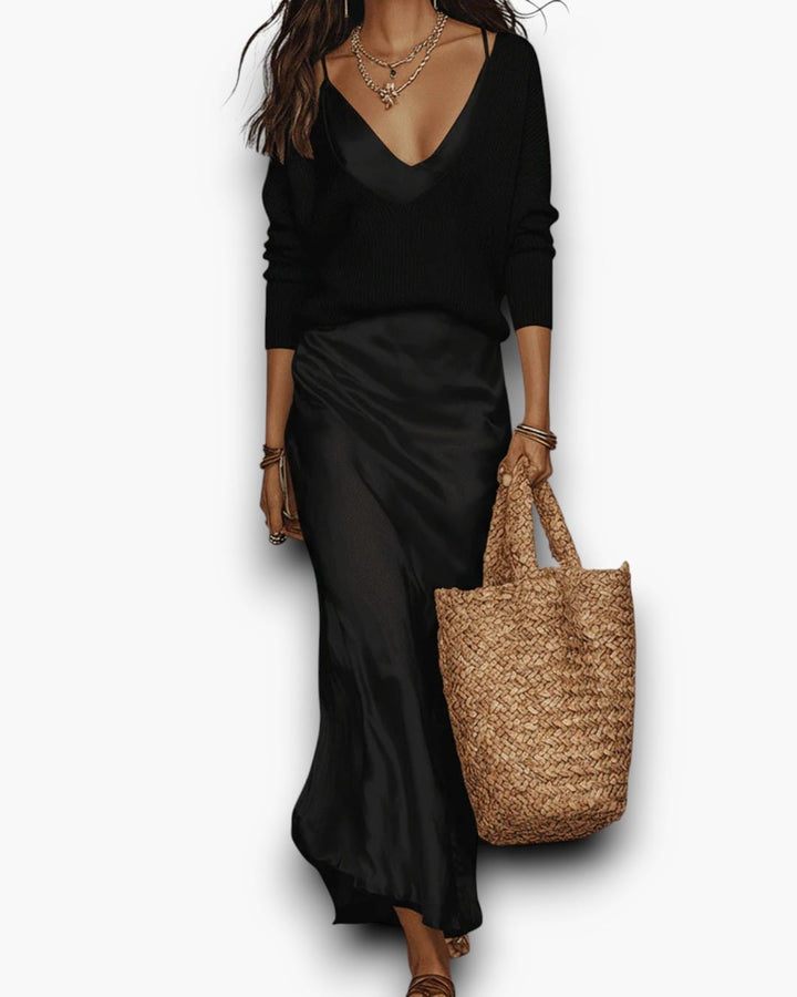 Ensemble | Pull en Maille &amp; Robe Slip en Satin