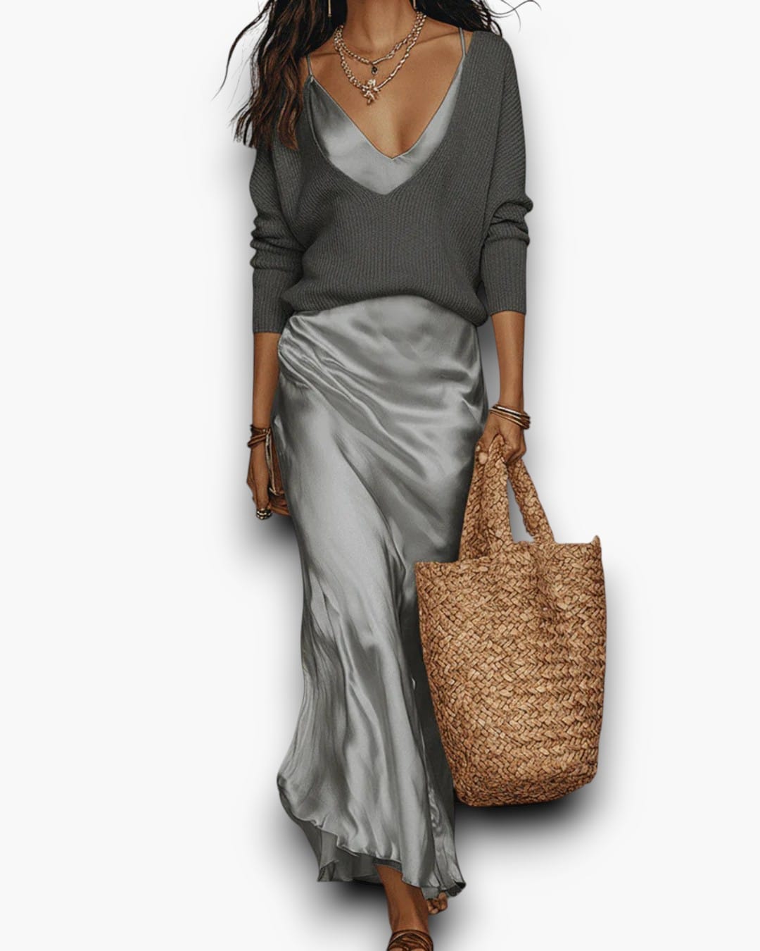 Ensemble | Pull en Maille &amp; Robe Slip en Satin