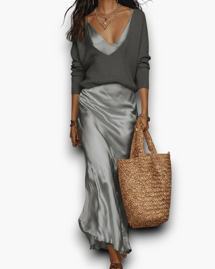 Ensemble | Pull en Maille &amp; Robe Slip en Satin