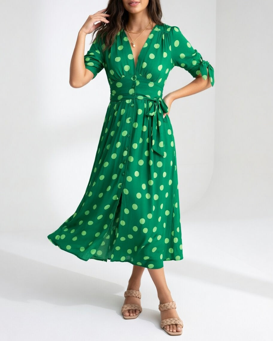 Clarisse | Robe midi à pois élégance naturelle