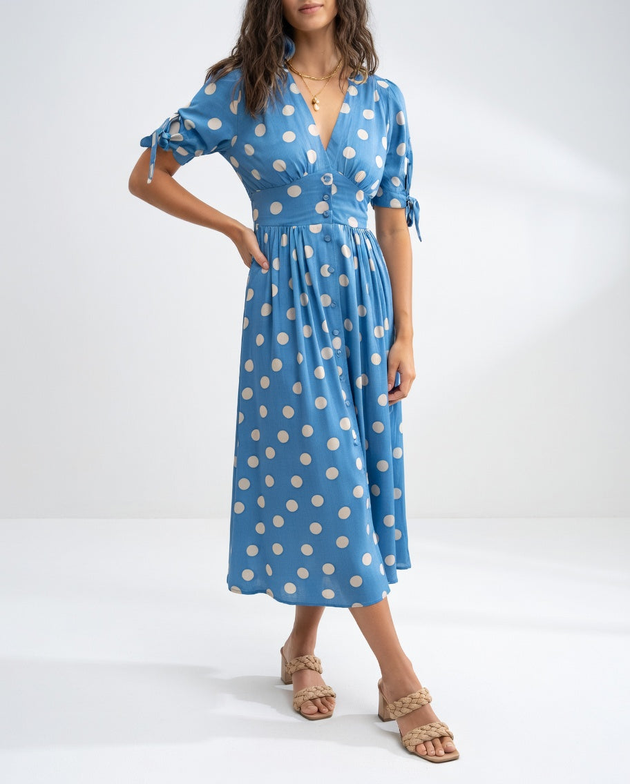 Clarisse | Robe midi à pois élégance naturelle