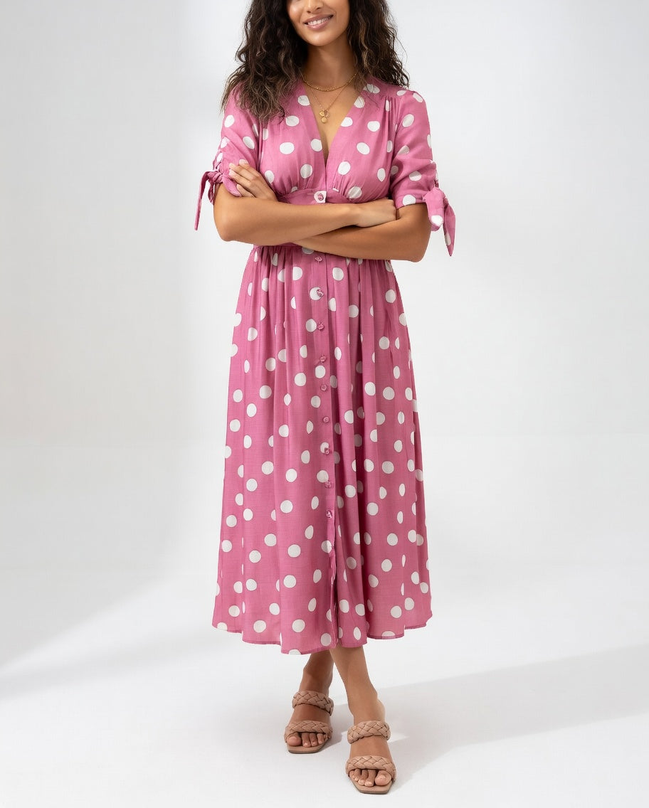 Clarisse | Robe midi à pois élégance naturelle