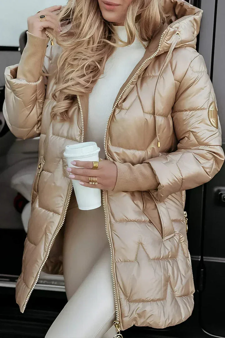 Doudoune mi-longue à capuche beige