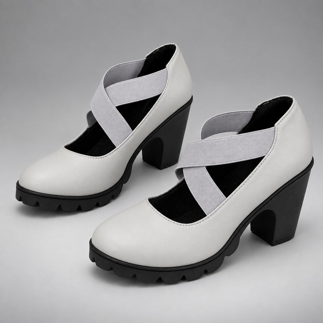 Escarpins Mary Jane à talon épais – Gris cuir PU