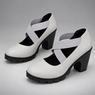 Escarpins Mary Jane à talon épais – Gris cuir PU